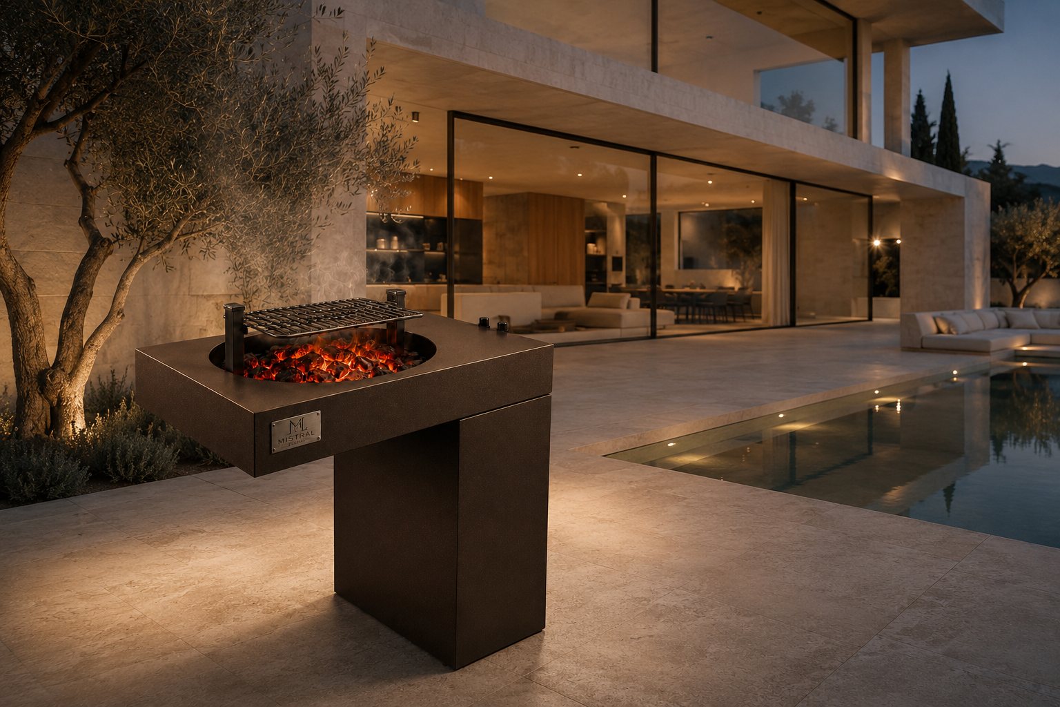 Dualis a la brasa en la terraza de una villa contemporánea al atardecer