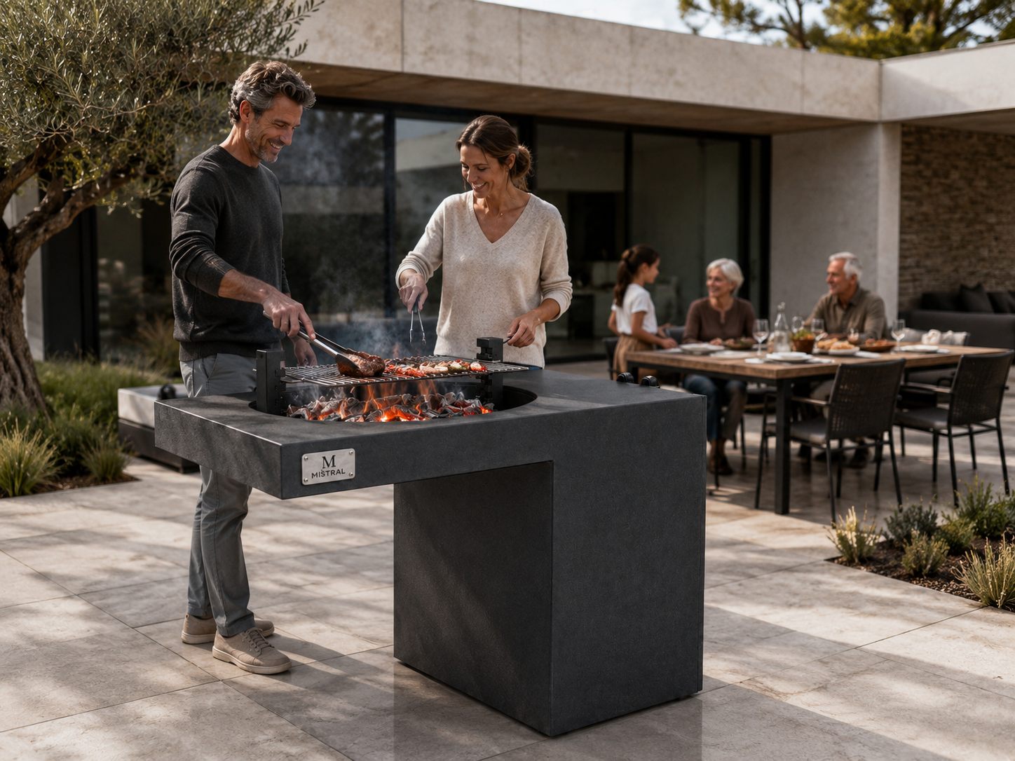 Familia cocinando en Dualis en una terraza contemporánea