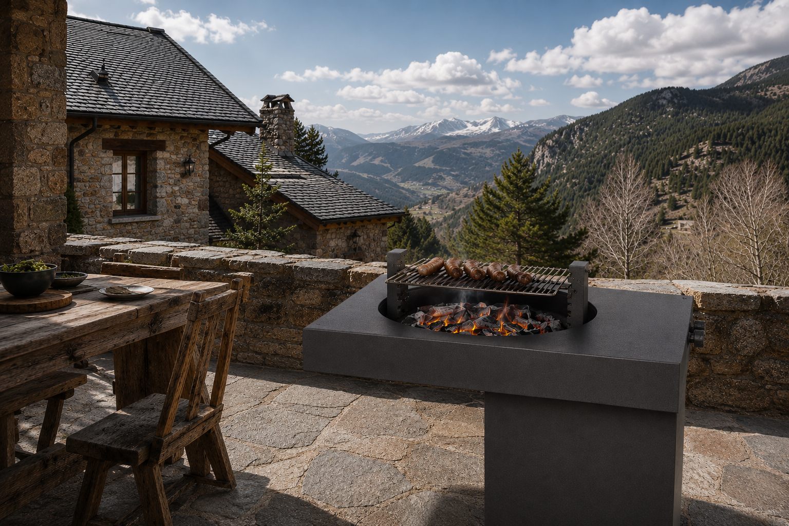 Pieza Mistral Brasa integrada en una terraza de montaña con vistas al valle